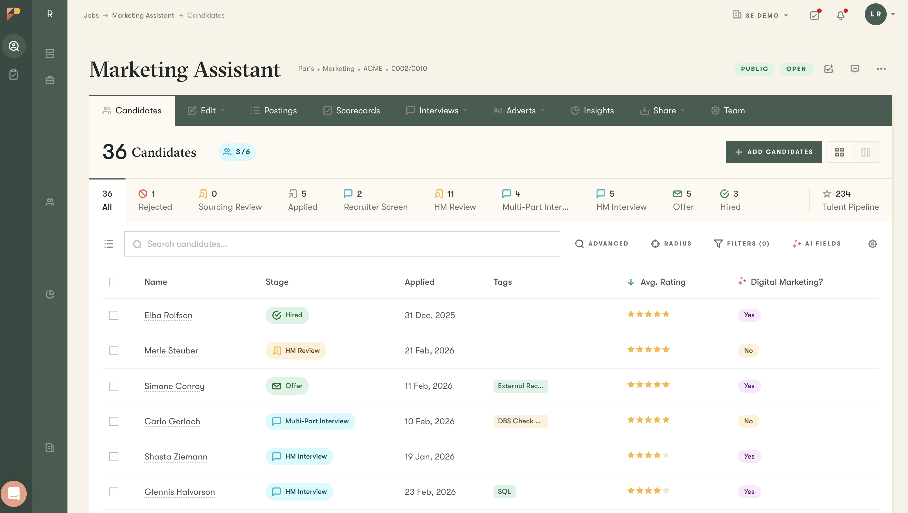 Applicant list screenshot